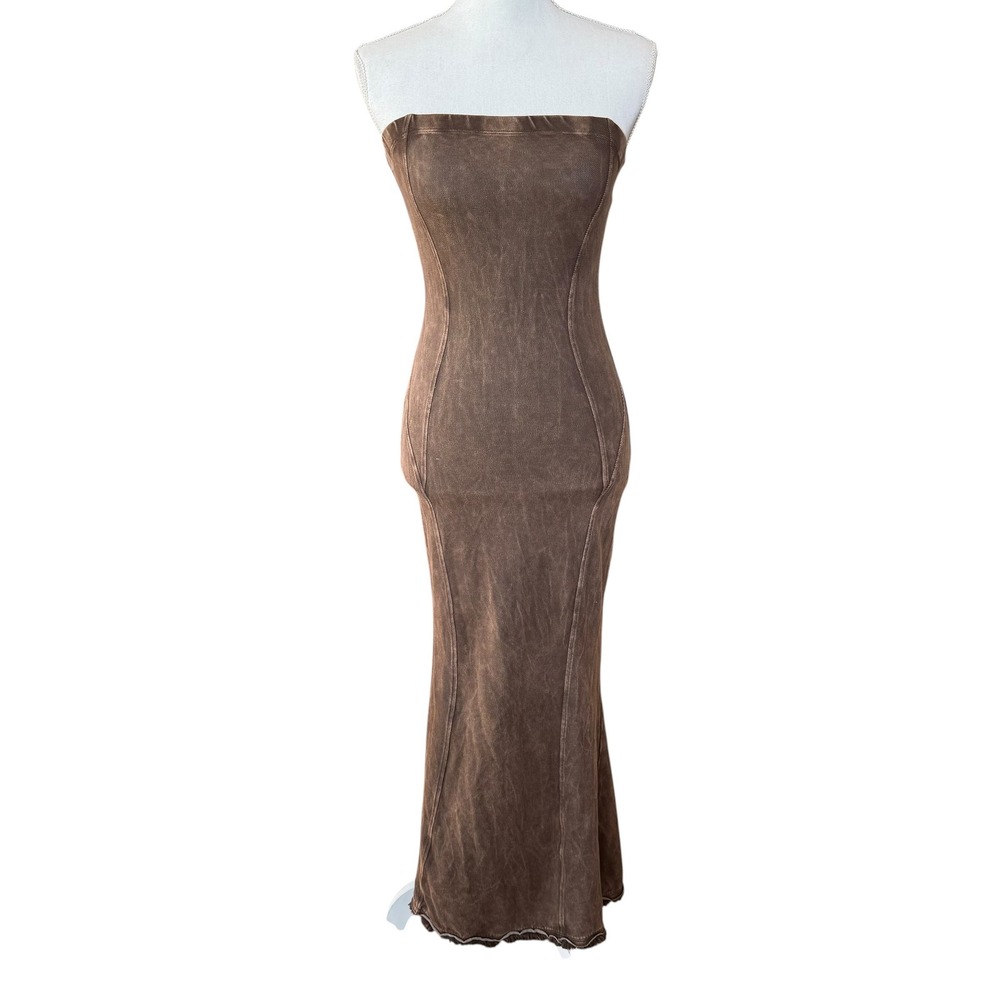 LA LUXE Brown Mineral Wash Strapless Maxi Dress Tube Top Raw Hem Size L D1944